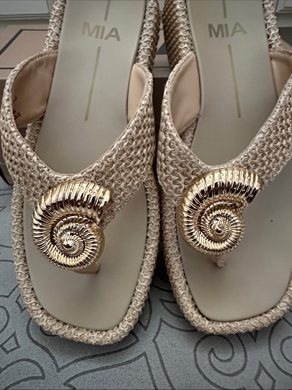 MIA Tan Woven Thong Sandals with Gold Shell Accent - Picture 3 of 7